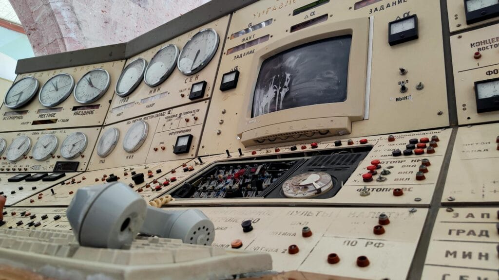 Retro control panel with dials, buttons, and vintage electronics in Armenia.
