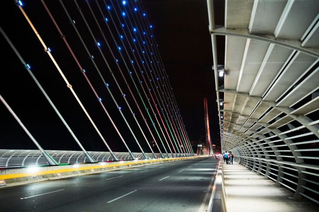 Stunning nighttime shot of Puente de la Novena, Bucaramanga, Colombia with LED lights.