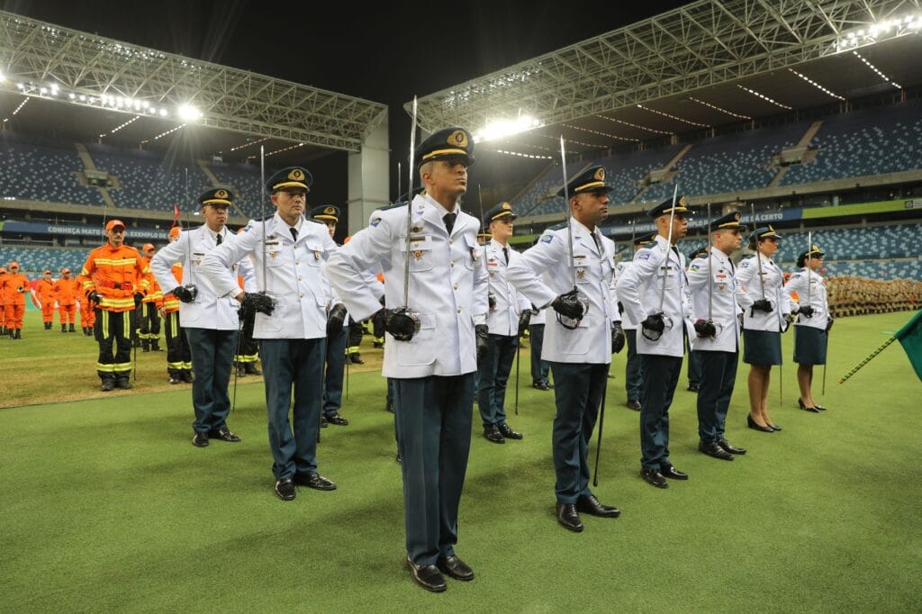 A military formation in a stadium, showcasing disciplined officers in Mato Grosso, Brazil.