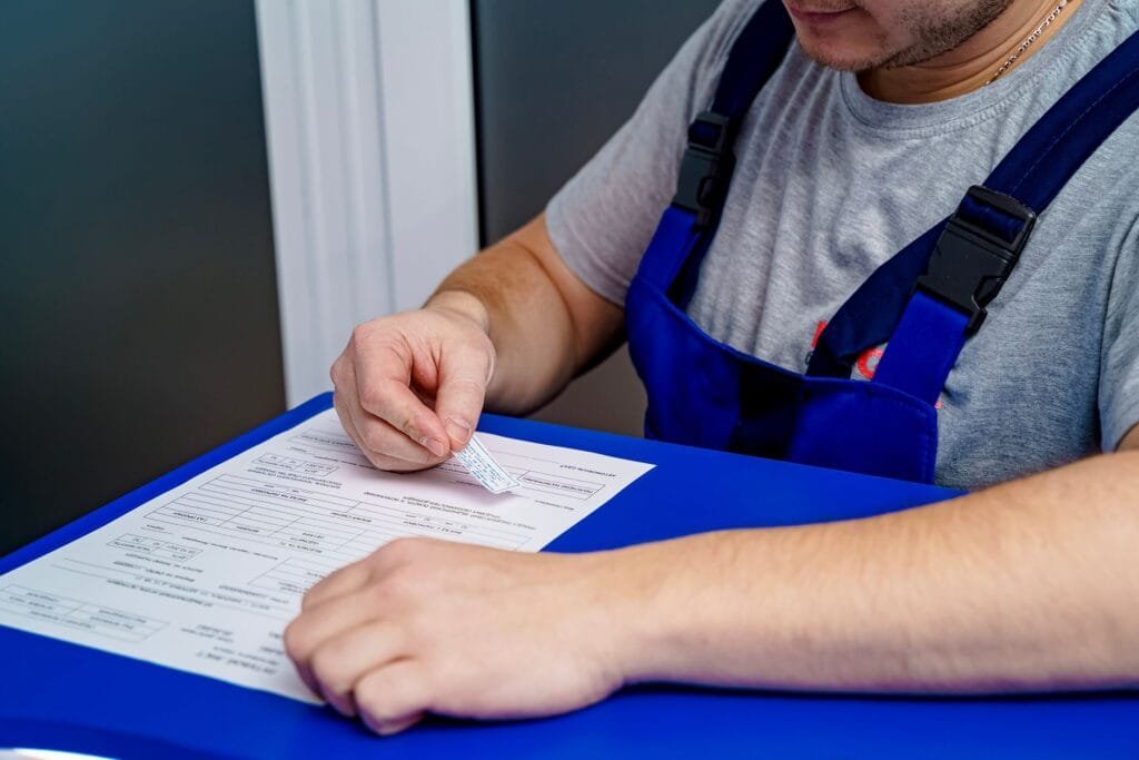 A mechanic in overalls reviews paperwork at a desk in an office setting.