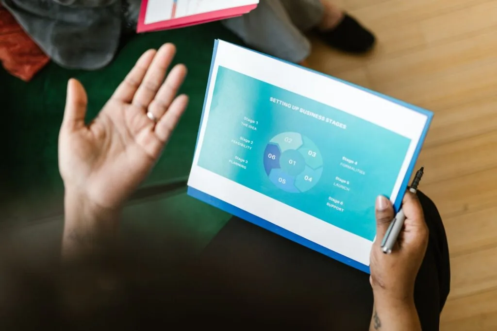 A close-up view of hands reviewing a business strategy report with graphs.