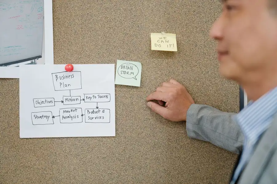 Office worker analyzing business plan on corkboard, boosting teamwork and strategic planning.